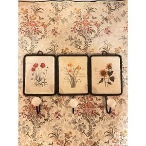 Vintage Inspired Wall Hook Floral Illustration Rustic Country Ceramic  13 x 6".